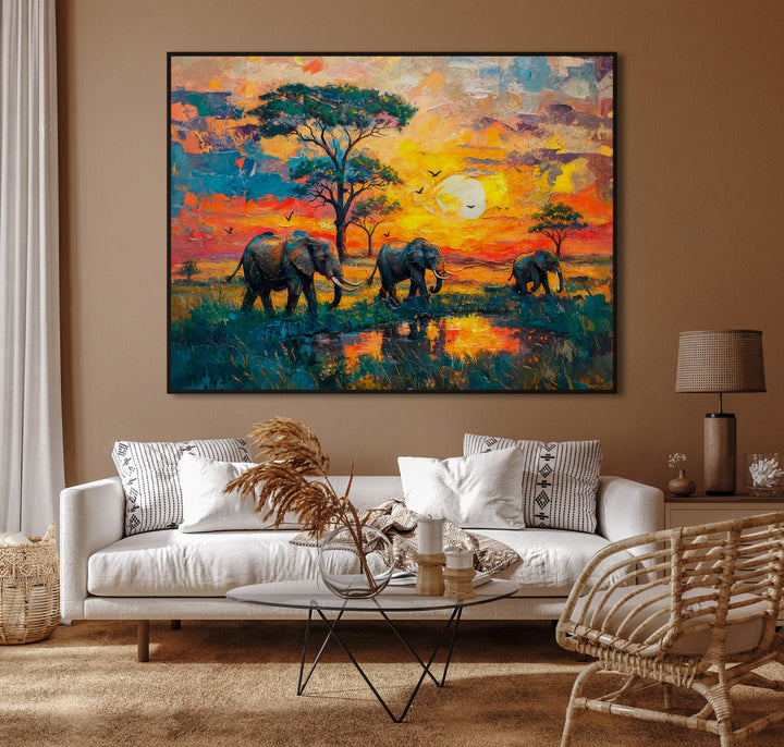 Colorful Elephant Safari Sunset Canvas Print