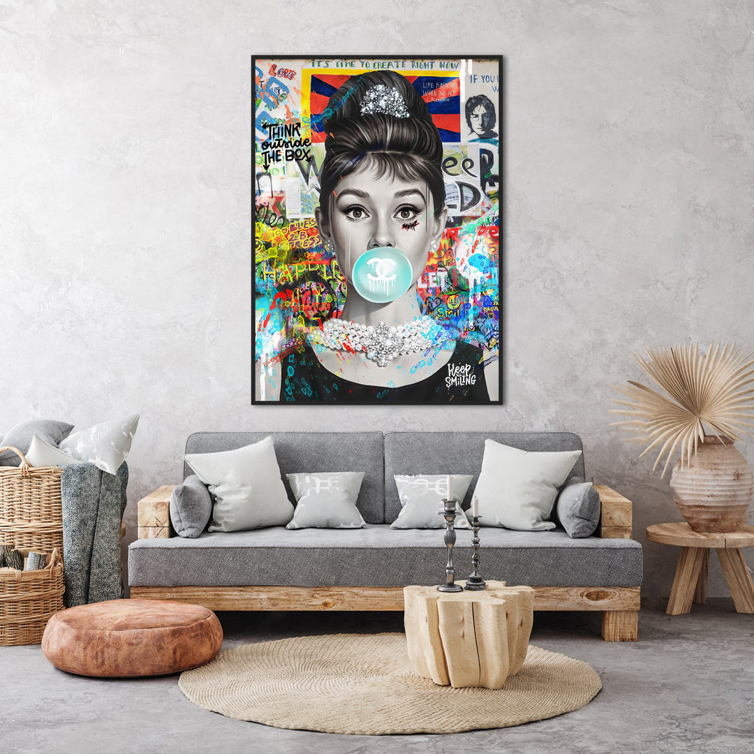Audrey Hepburn Bubble Gum Graffiti Street Wall Art Canvas Print