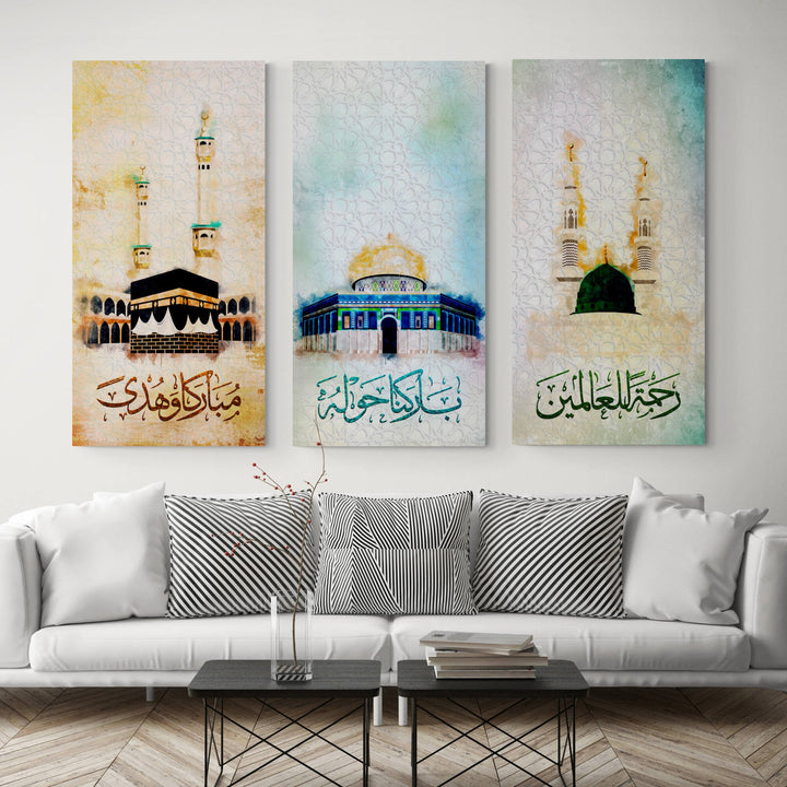 Kaaba, Nabawi, Aqsa Islamic Wall Art - Abstract Colors Islamic Wall Art