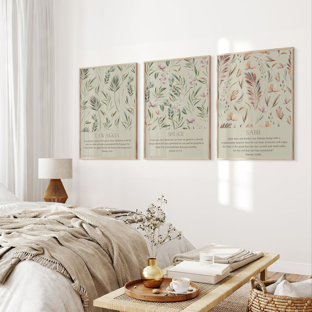 Neatly arranged bedroom with floral wall art, a bed, and a side table.