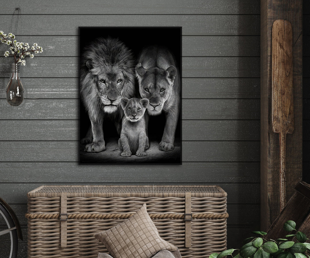 Roaring Lion Family Black and White Tone Canvas Print