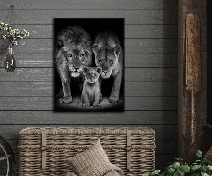 Roaring Lion Family Black and White Tone Canvas Print
