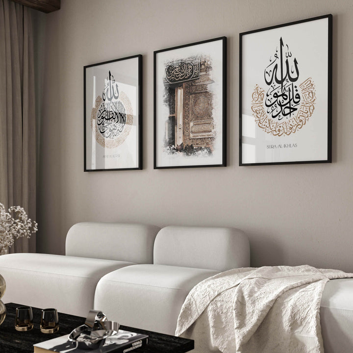 3-Piece Islamic Poster Set - Ayatul Kursi, Surah Ikhlas - Arabic Calligraphy Wall Art