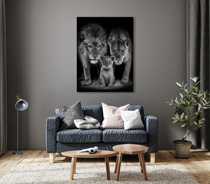 Roaring Lion Family Black and White Tone Canvas Print