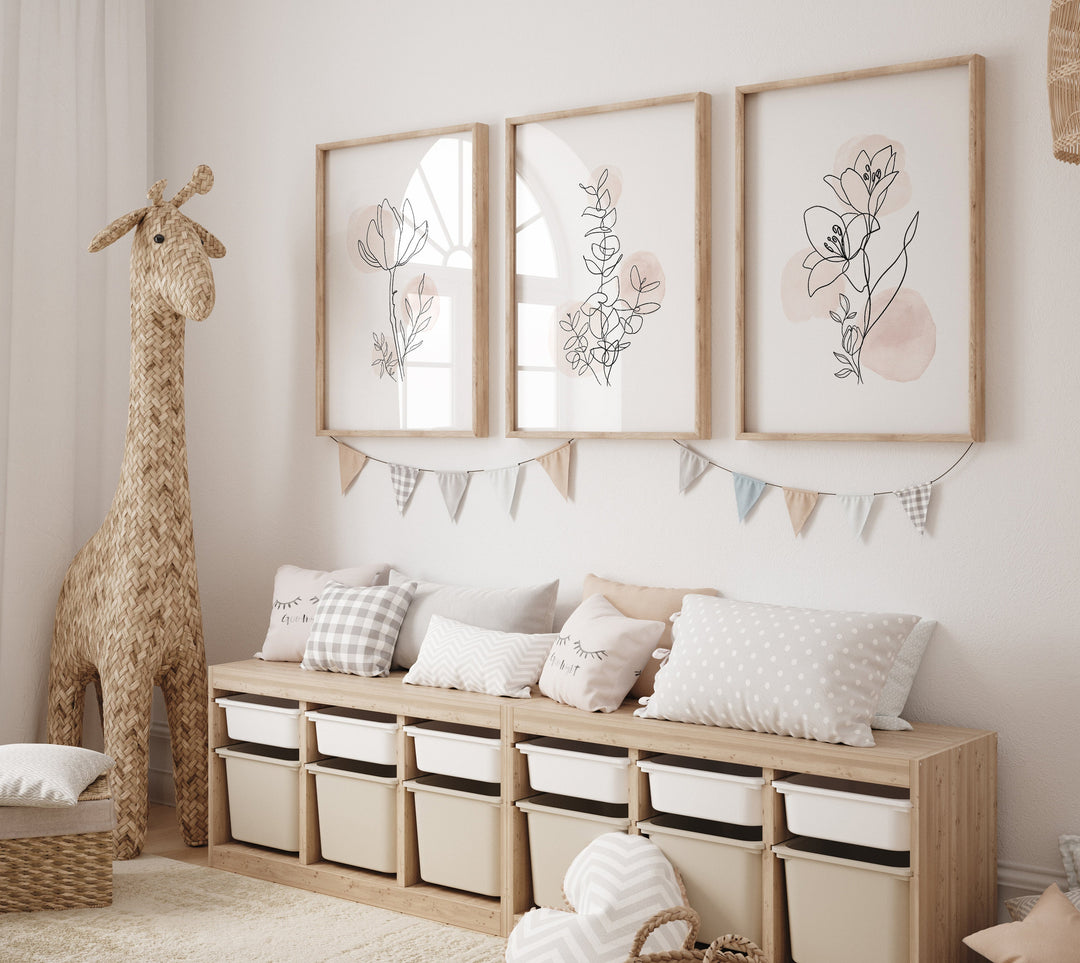 Close-up of blush abstract floral line drawing with fine ink lines and soft neutral background
