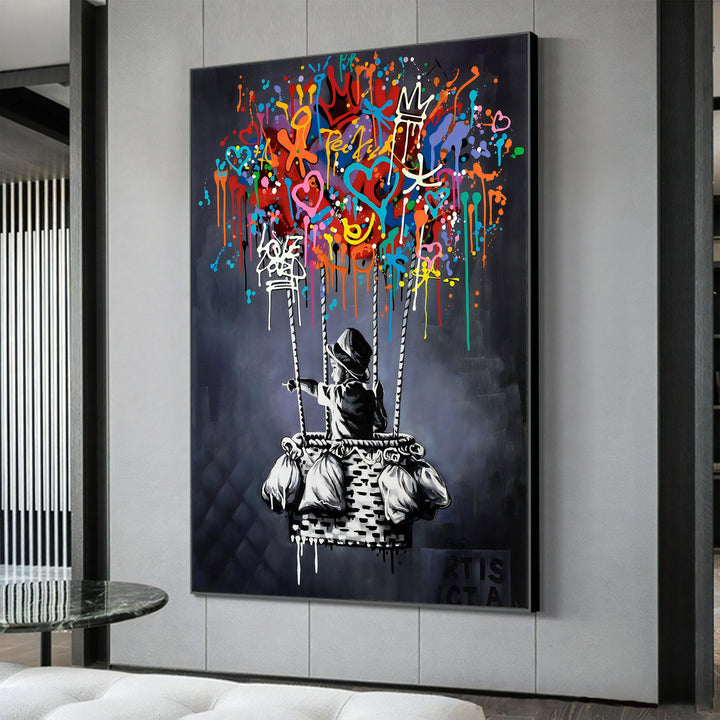 Full canvas image showing Banksy-inspired balloon over a gray street scene