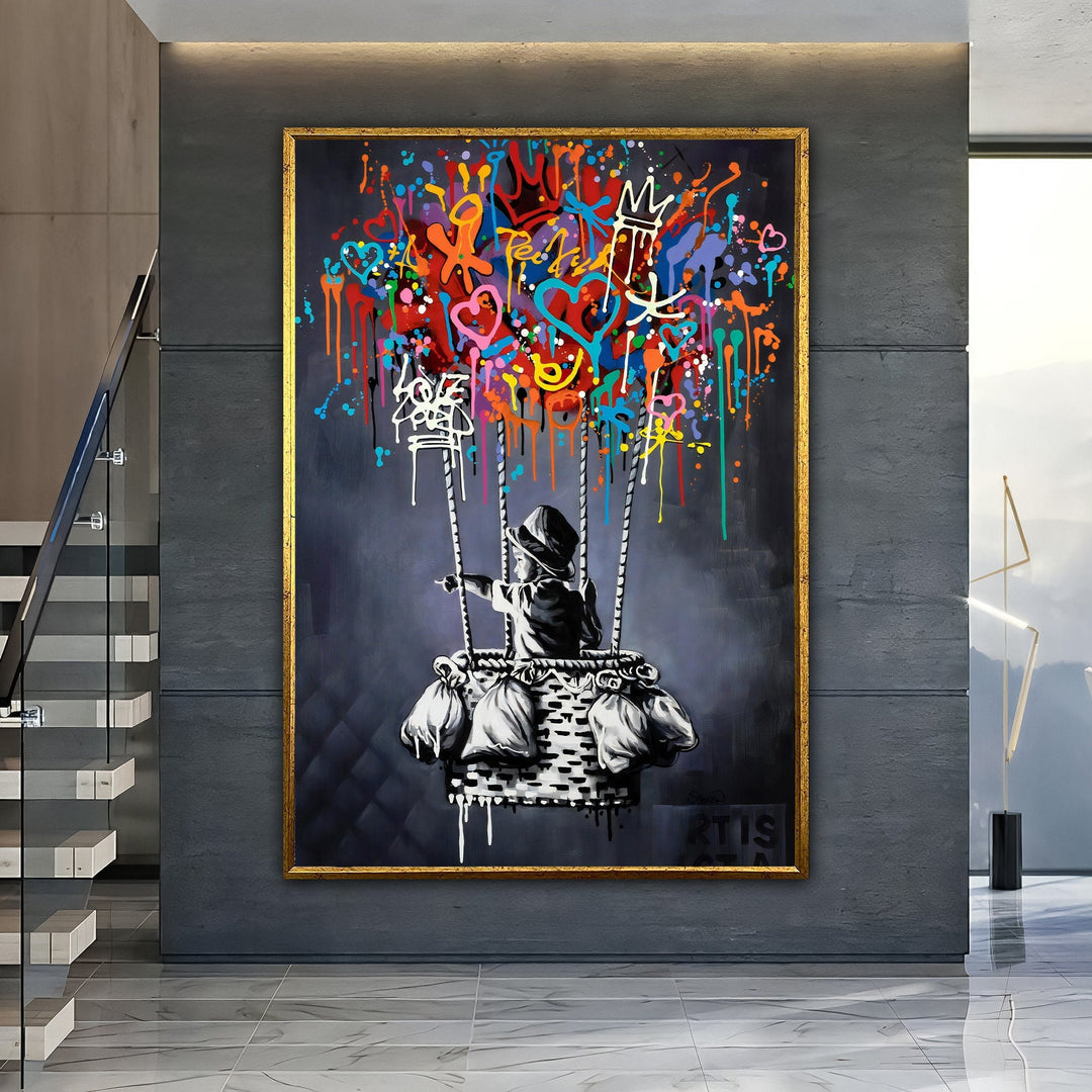 Lifestyle mockup showing the Banksy balloon canvas in a modern living space