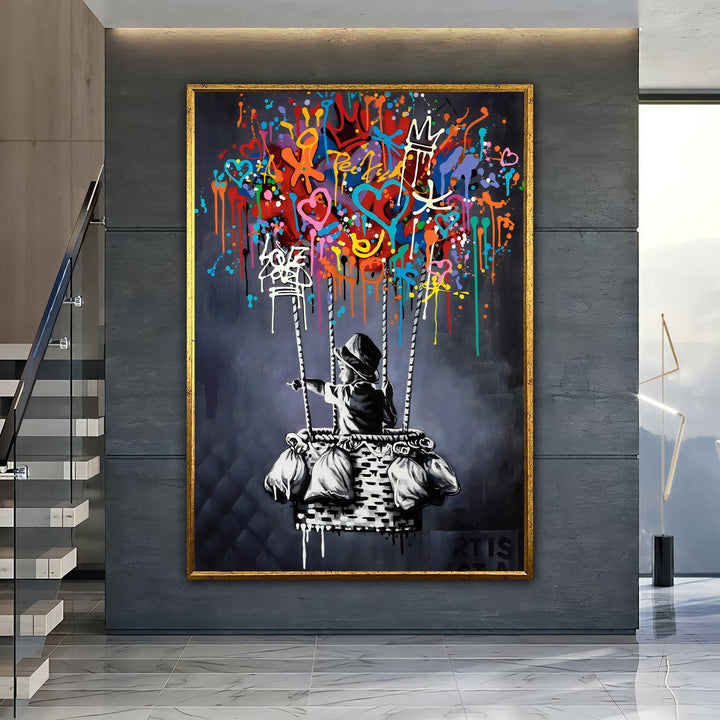 Lifestyle mockup showing the Banksy balloon canvas in a modern living space