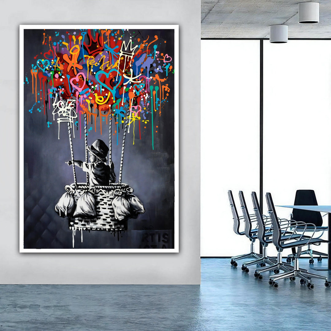 Side-angle view highlighting ready-to-hang display on a neutral wall