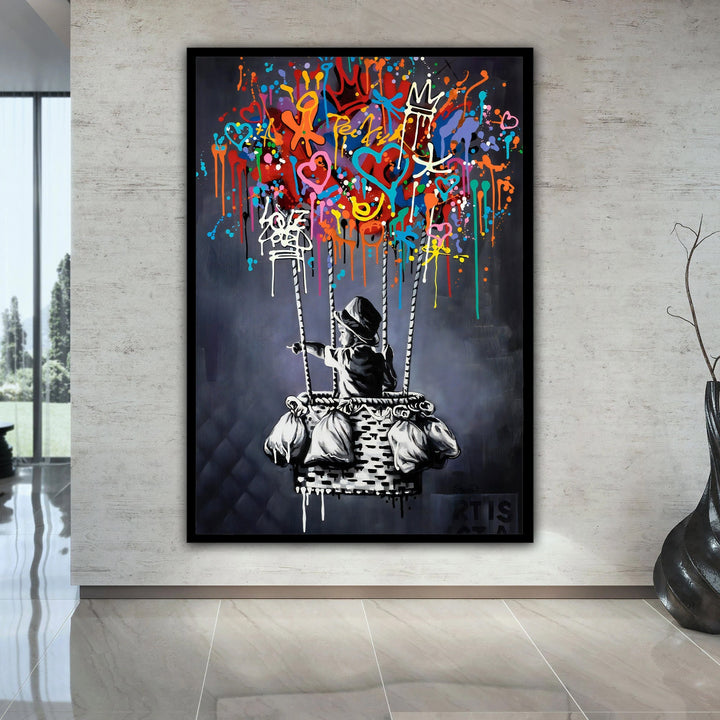 Close-up of balloon motif on premium canvas with subtle textures and grey tones