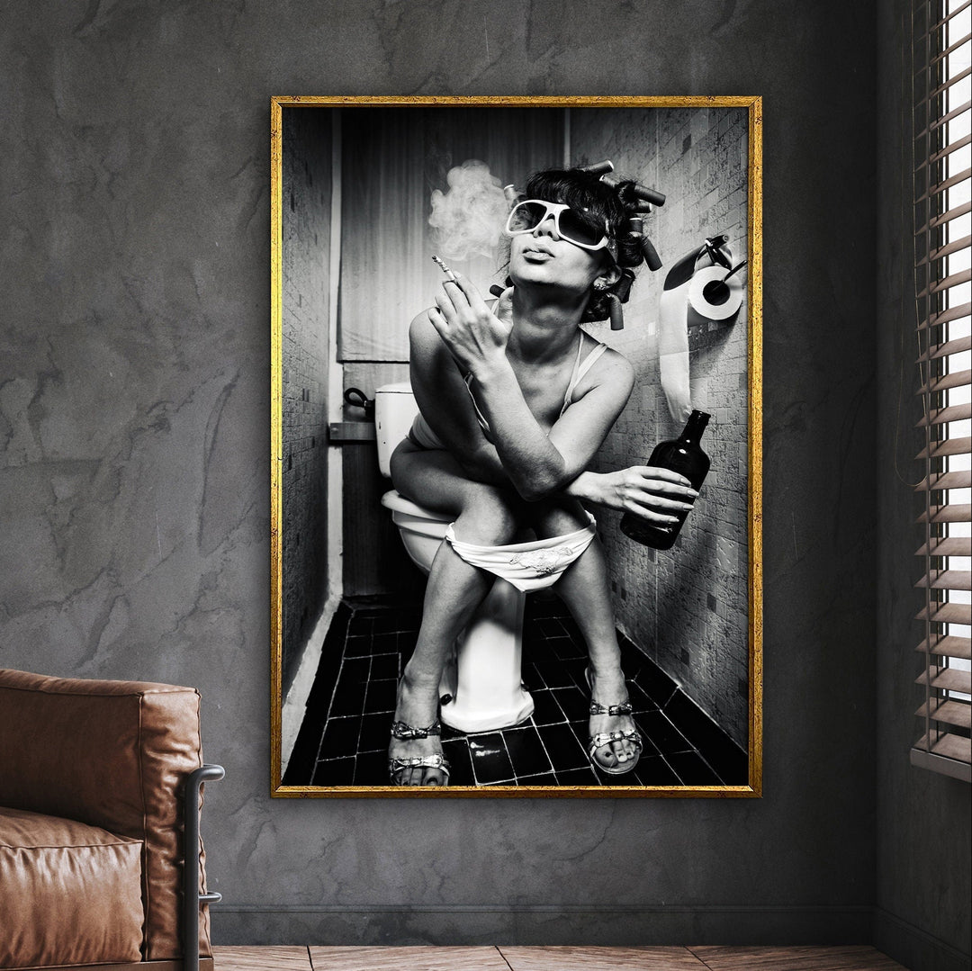 Graffiti pop art canvas print of a girl on the toilet in bold colors