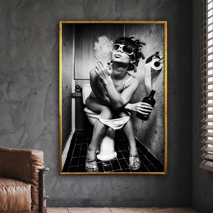 Graffiti pop art canvas print of a girl on the toilet in bold colors