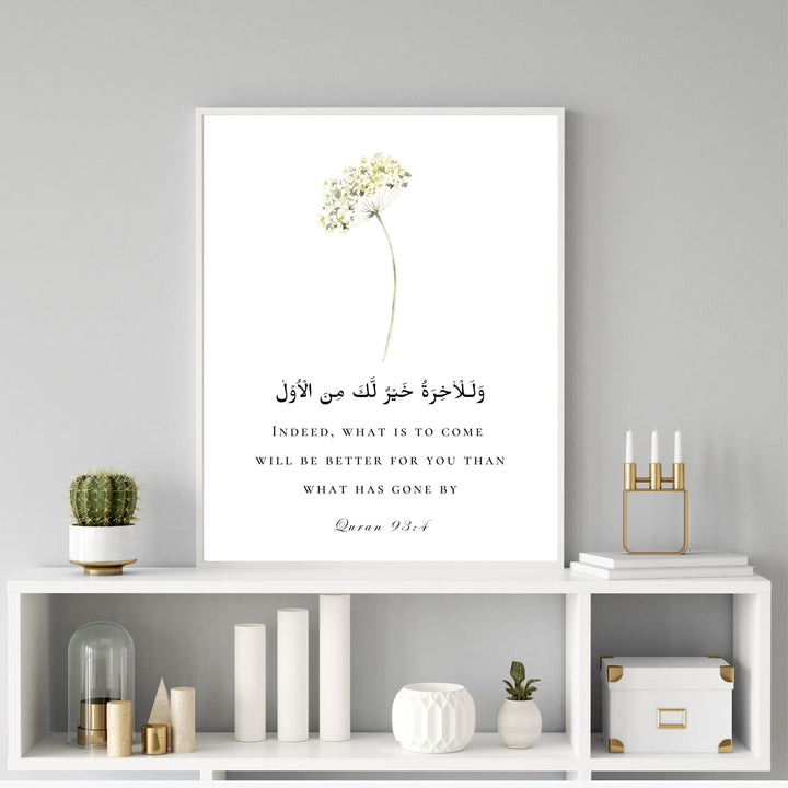 Elegant Islamic reminder art print featuring Quran 93:4 for home decor