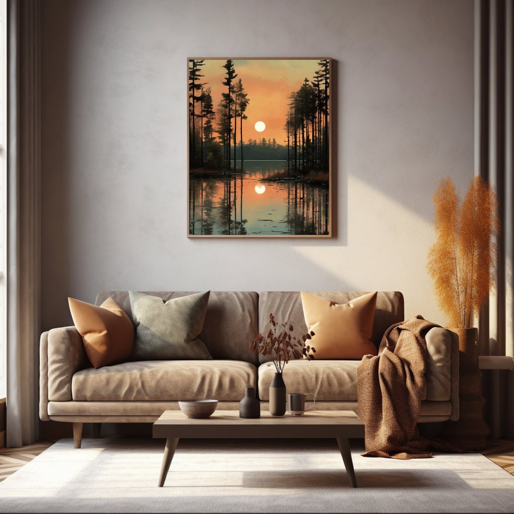 Styled room shot: framed pine forest art above a sofa in a rustic living room