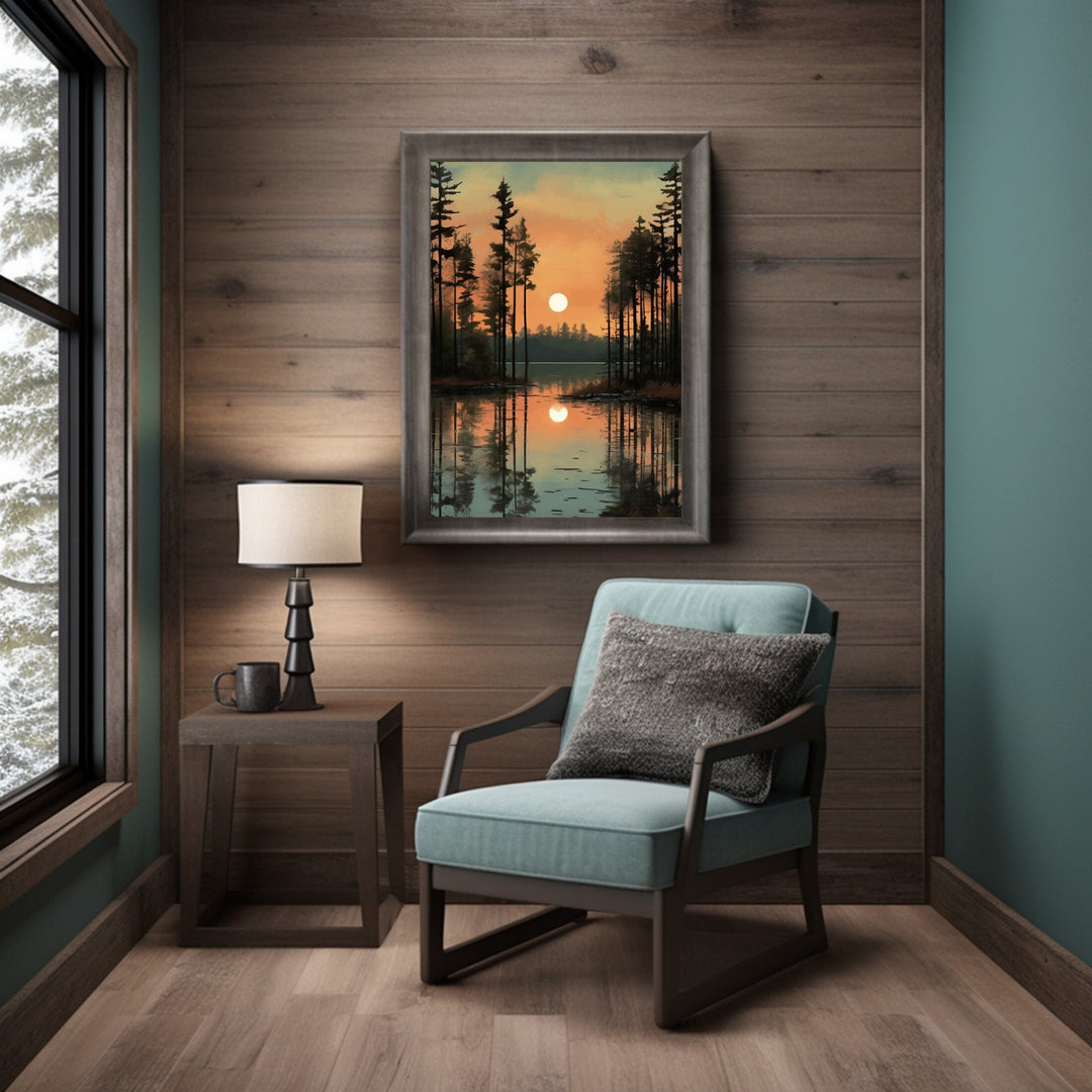 Pine forest wall art showing tranquil lake reflection in warm earth tones