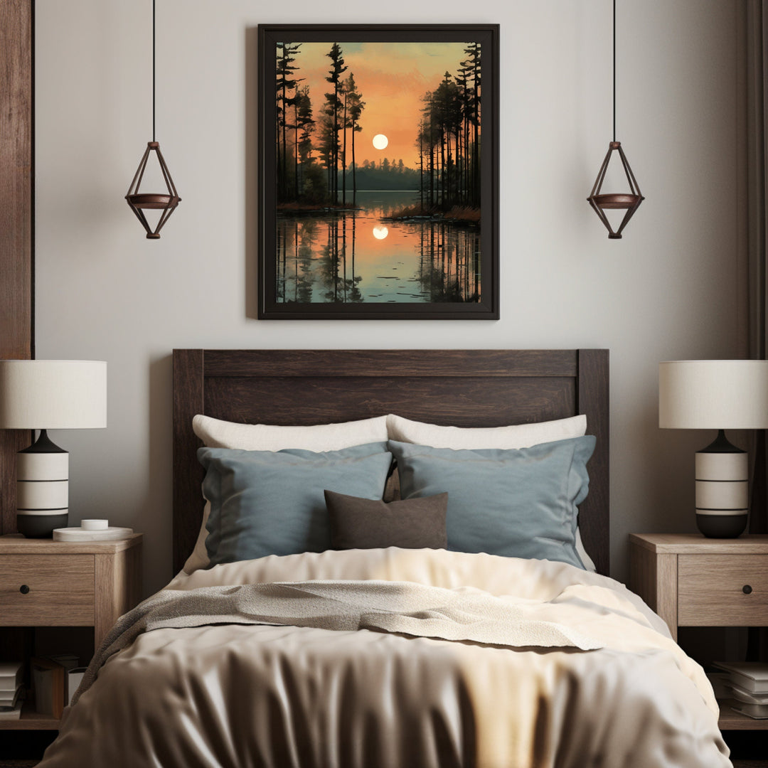 Bedroom styling with pine forest wall art creating a calming nature-inspired focal point