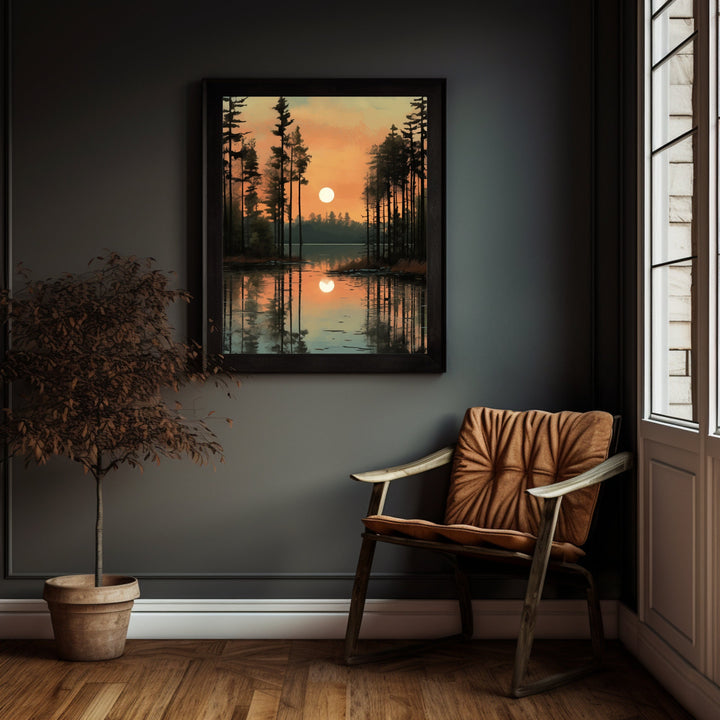 Wide view of pine trees with mirrored lake surface and soft atmospheric light
