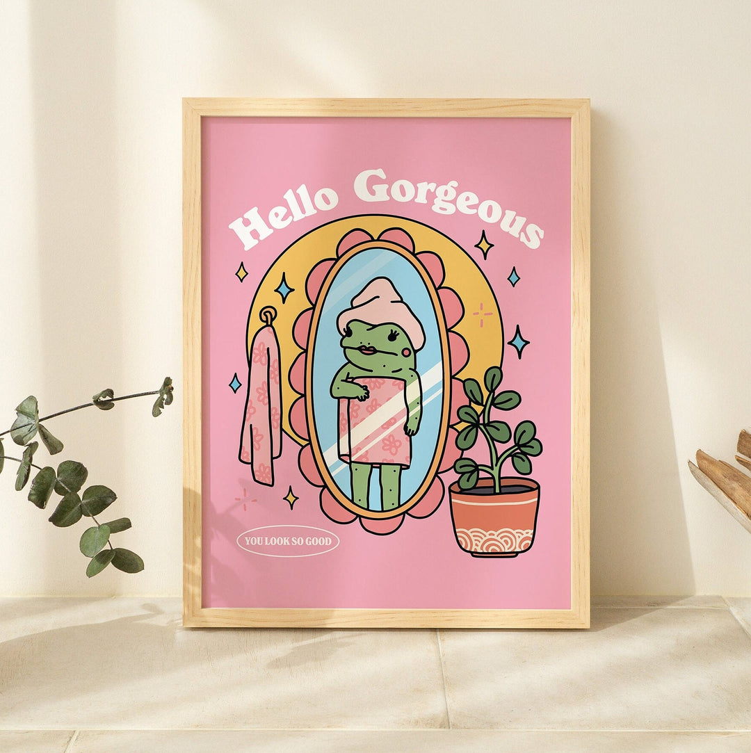 Girly Frog self-love wall print in pink retro style with Hello Gorgeous text
