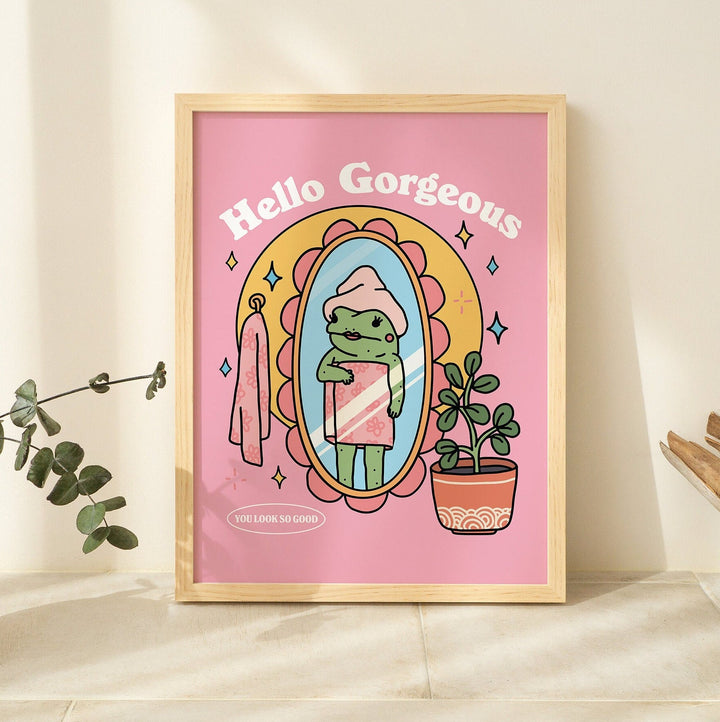 Girly Frog self-love wall print in pink retro style with Hello Gorgeous text