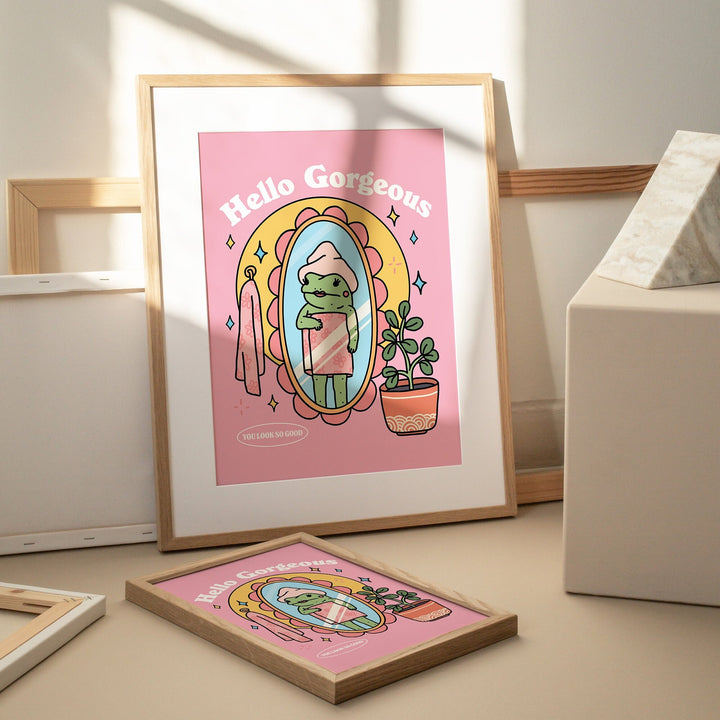 Unframed print showing pink gradient background and retro font