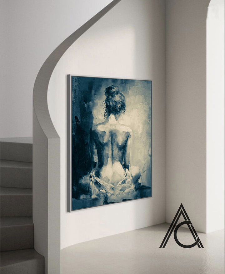 Studio shot of framed abstract woman artwork on wall