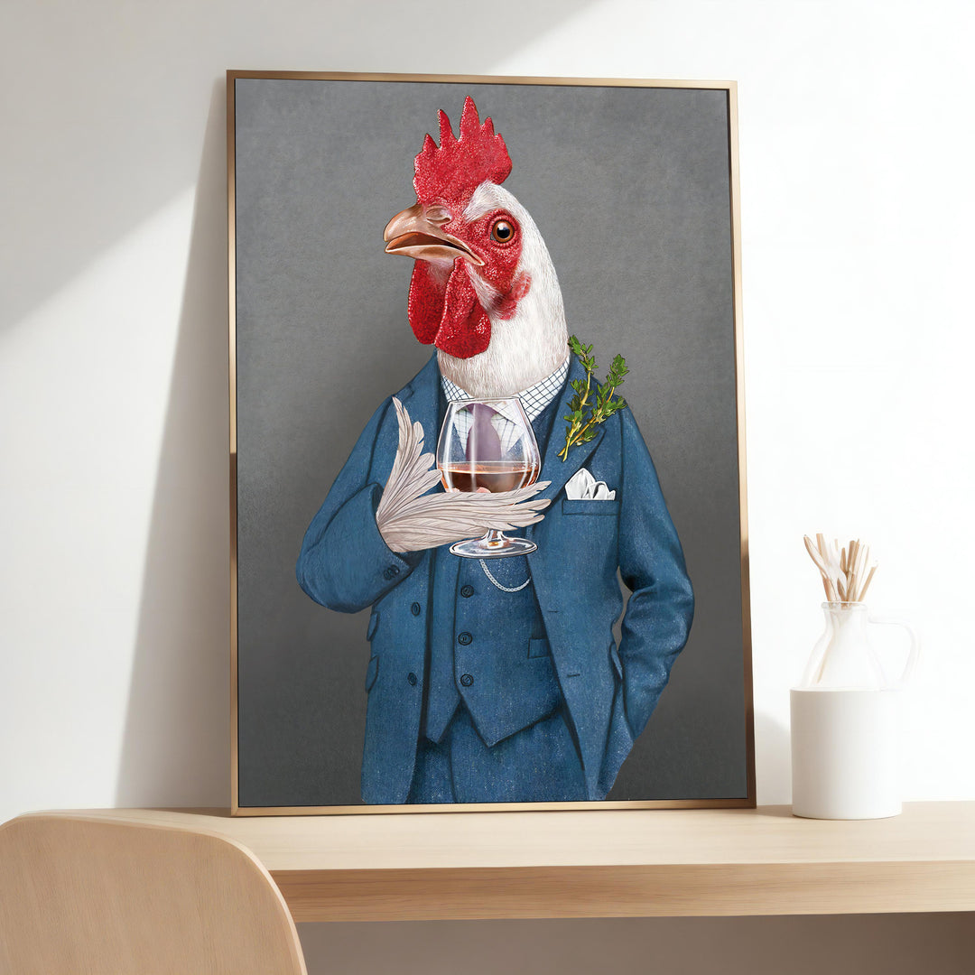 front view of a cockerel wearing a colorful costume painted on canvas