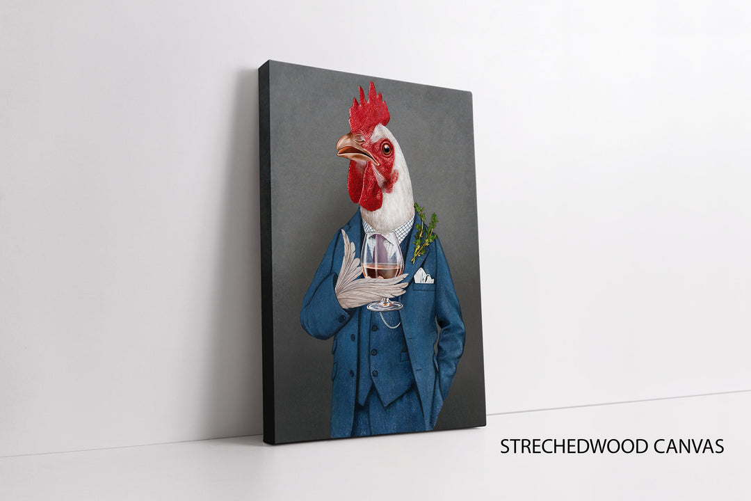 gallery-wrapped canvas edge visible on the costumed bird print