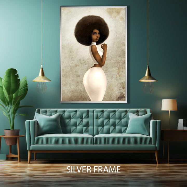 Modern living room setup showcasing Black Princess Queen African Woman wall art