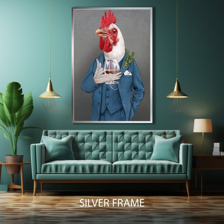 playful animal wall art depicting a charming cockerel on canvas