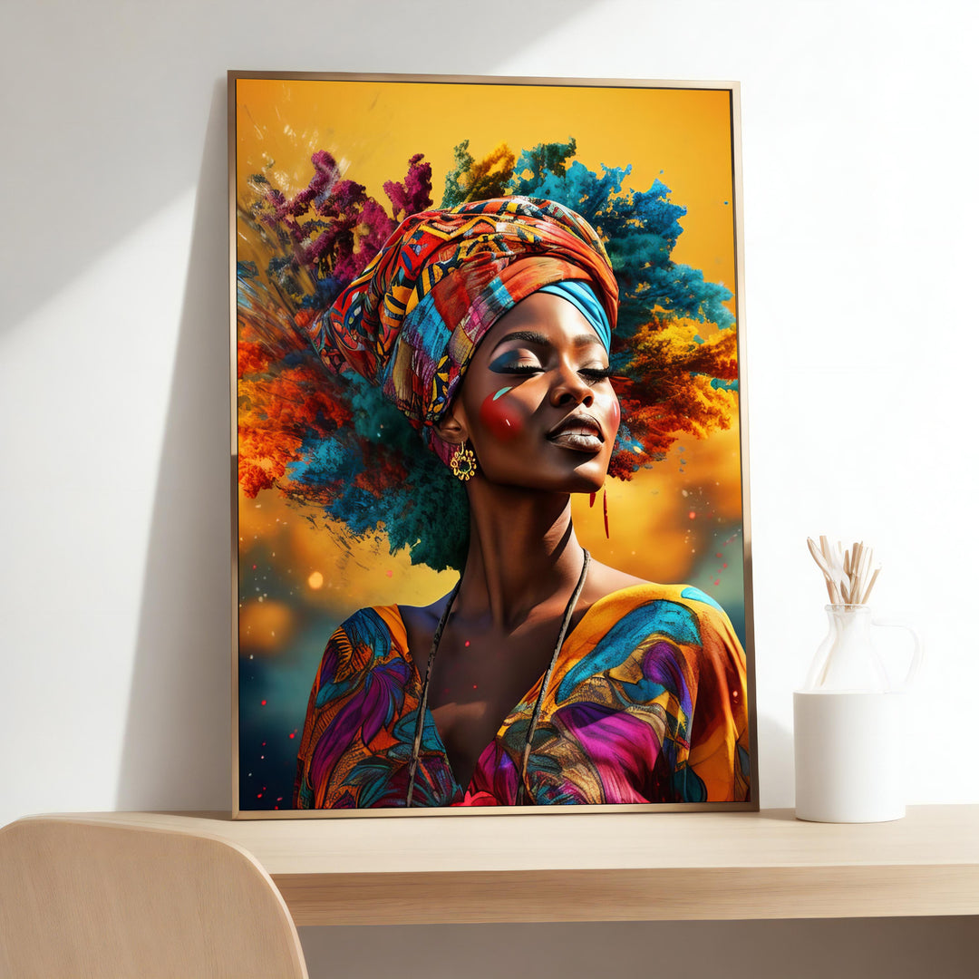 Afro American woman canvas print portrait on gallery-wrapped canvas