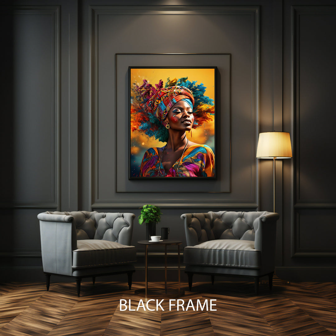 Close-up details of colorful canvas print of an African woman