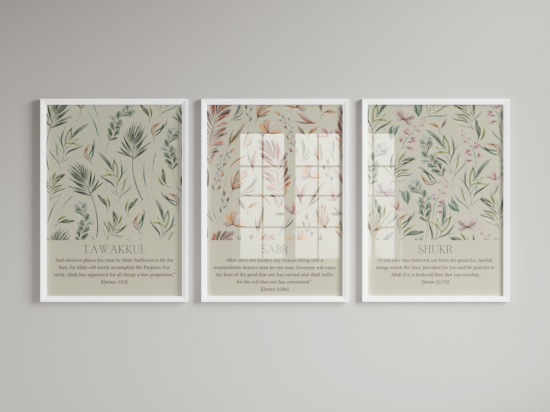 Botanical Islamic Wall Art – Sabr Tawakkul Shukr Quran Verse Prints