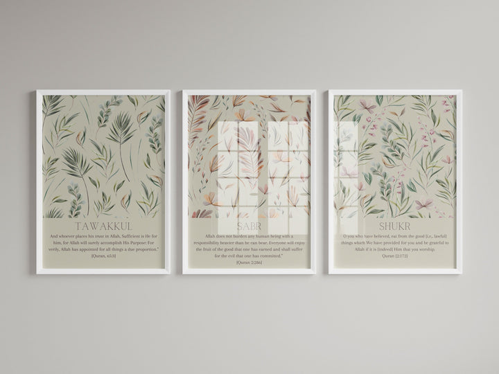 Botanical Islamic Wall Art – Sabr Tawakkul Shukr Quran Verse Prints