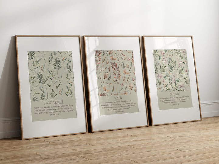 Botanical Islamic Wall Art – Sabr Tawakkul Shukr Quran Verse Prints