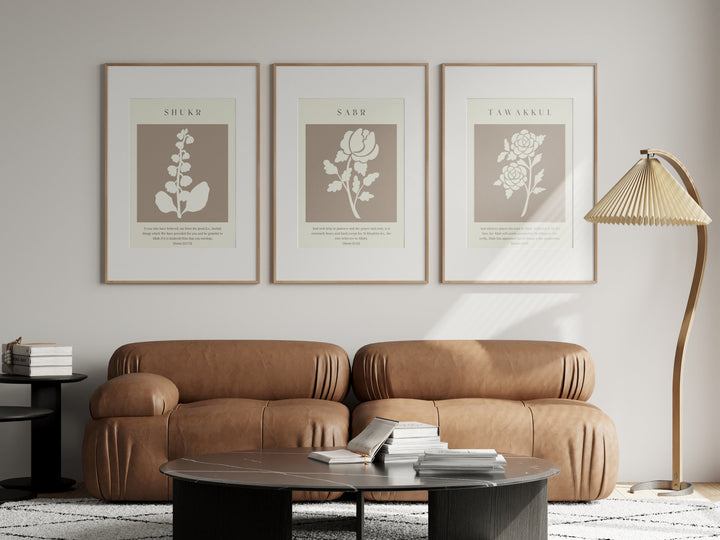 Neutral Floral Islamic Wall Art – Sabr Tawakkul Shukr Botanical Quran Verses