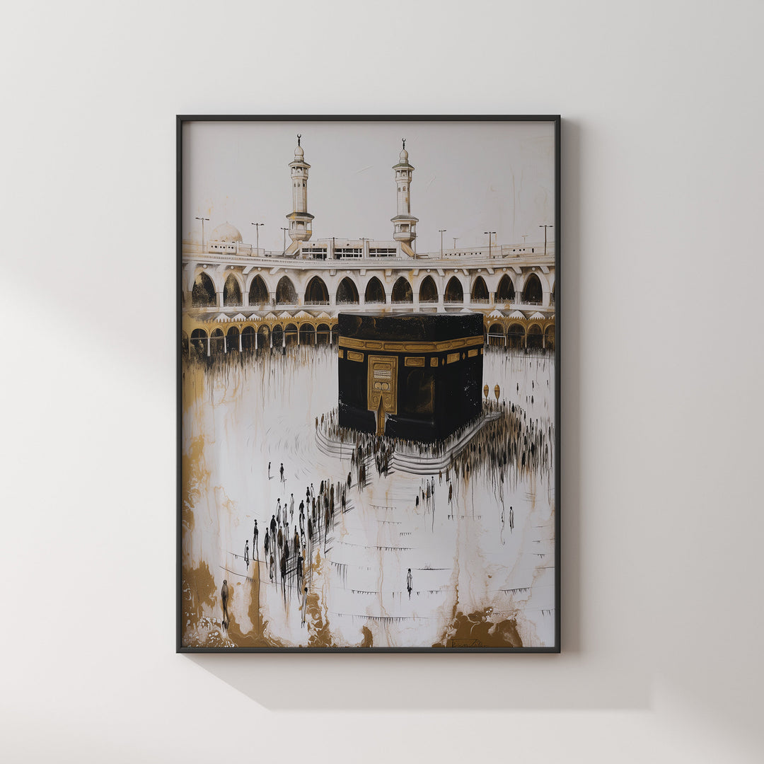 Close-up Kaaba painting Islamic wall art with rich gold accents on a deep blue background
