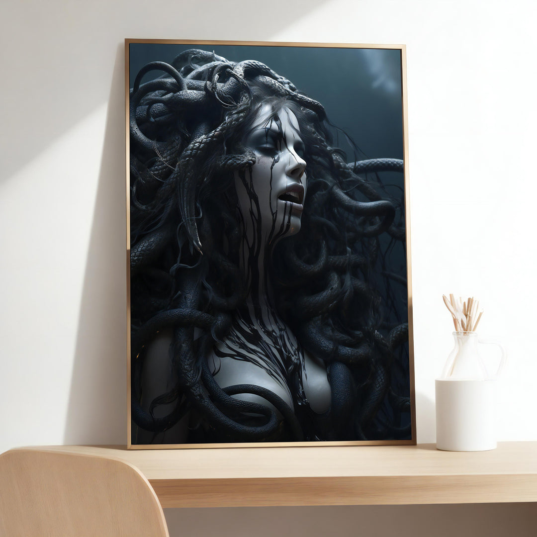 Medusa mythological canvas wall art with ornate frame, close-up view