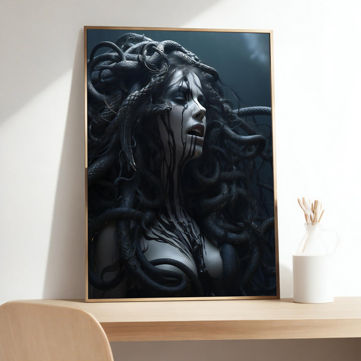Medusa mythological canvas wall art with ornate frame, close-up view