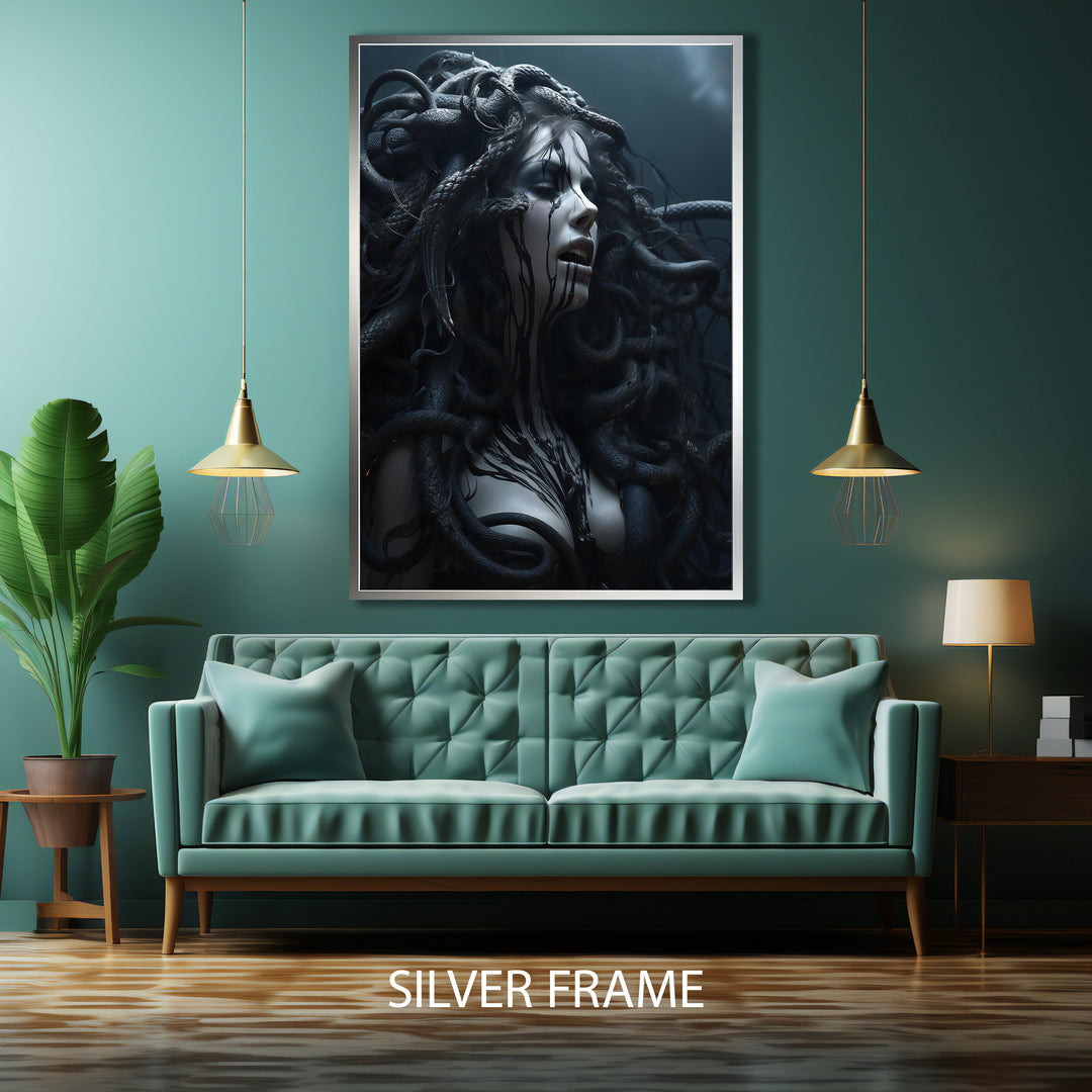 Framed Medusa artwork featuring serpents with dramatic color tones