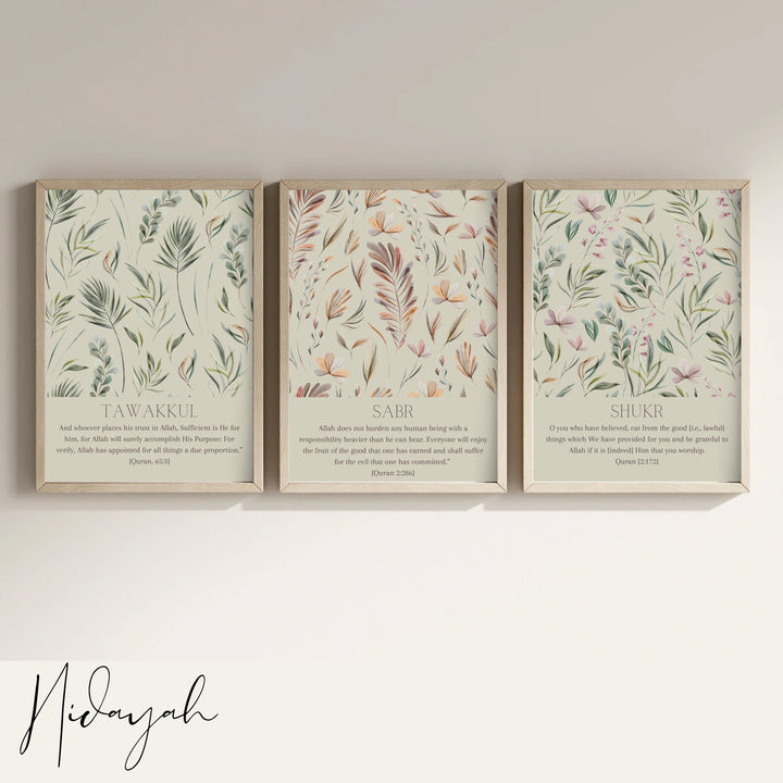 Botanical Islamic Wall Art – Sabr Tawakkul Shukr Quran Verse Prints