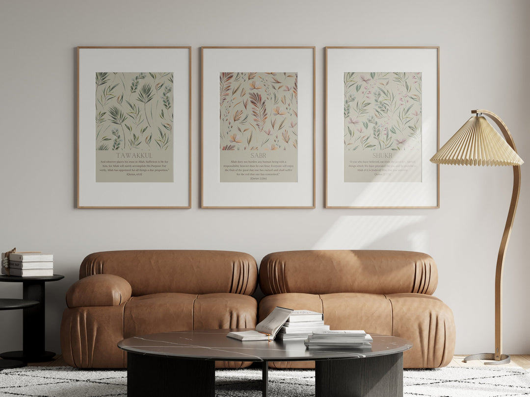 Botanical Islamic Wall Art – Sabr Tawakkul Shukr Quran Verse Prints