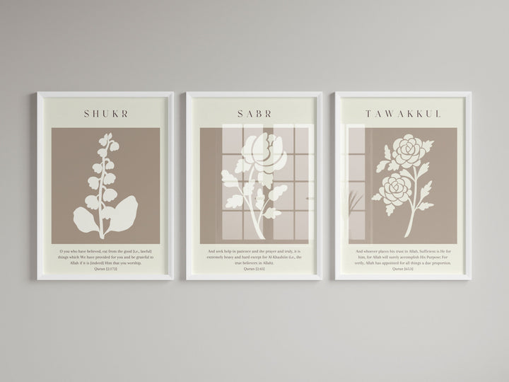 Neutral Floral Islamic Wall Art – Sabr Tawakkul Shukr Botanical Quran Verses