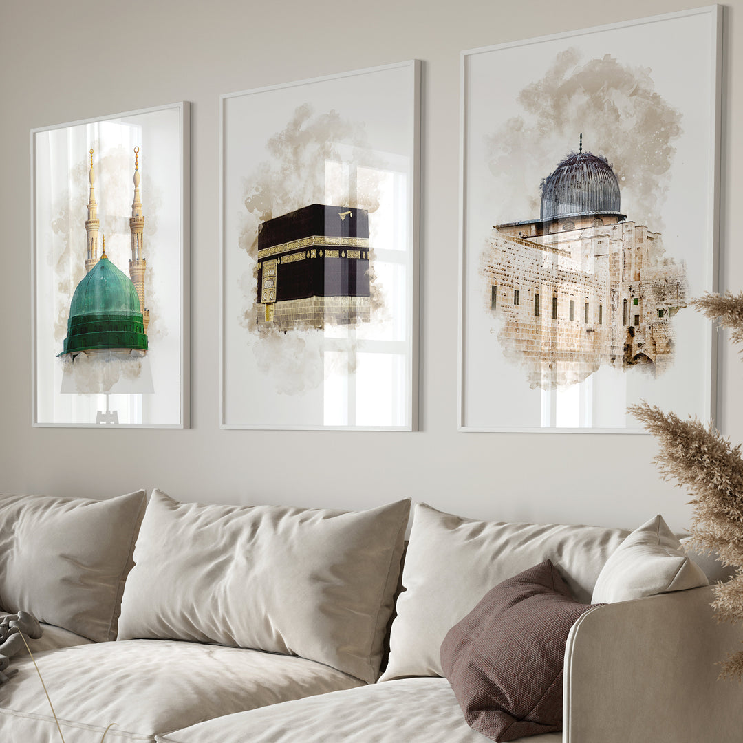 3-Piece Islamic Poster Set - Watercolor Kaaba, Aqsa, Nabawi - Islamic Wall Art Prints