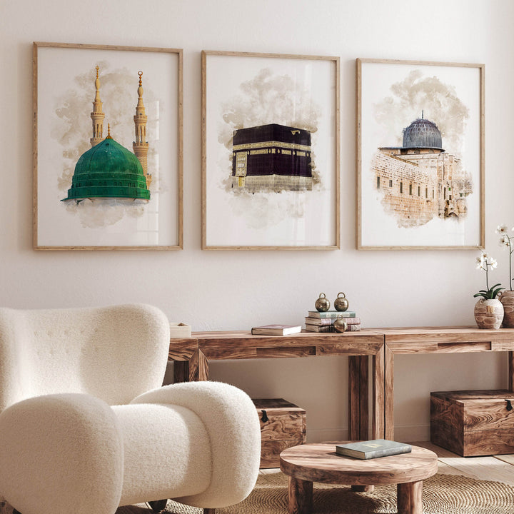 3-Piece Islamic Poster Set - Watercolor Kaaba, Aqsa, Nabawi - Islamic Wall Art Prints