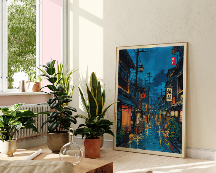 Detail close-up: colorful ukiyo-e inspired characters and cafe signage on Tokyo Tea House print