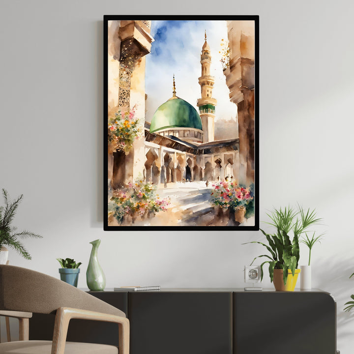 Abstract Islamic art poster featuring domed skyline and brushwork