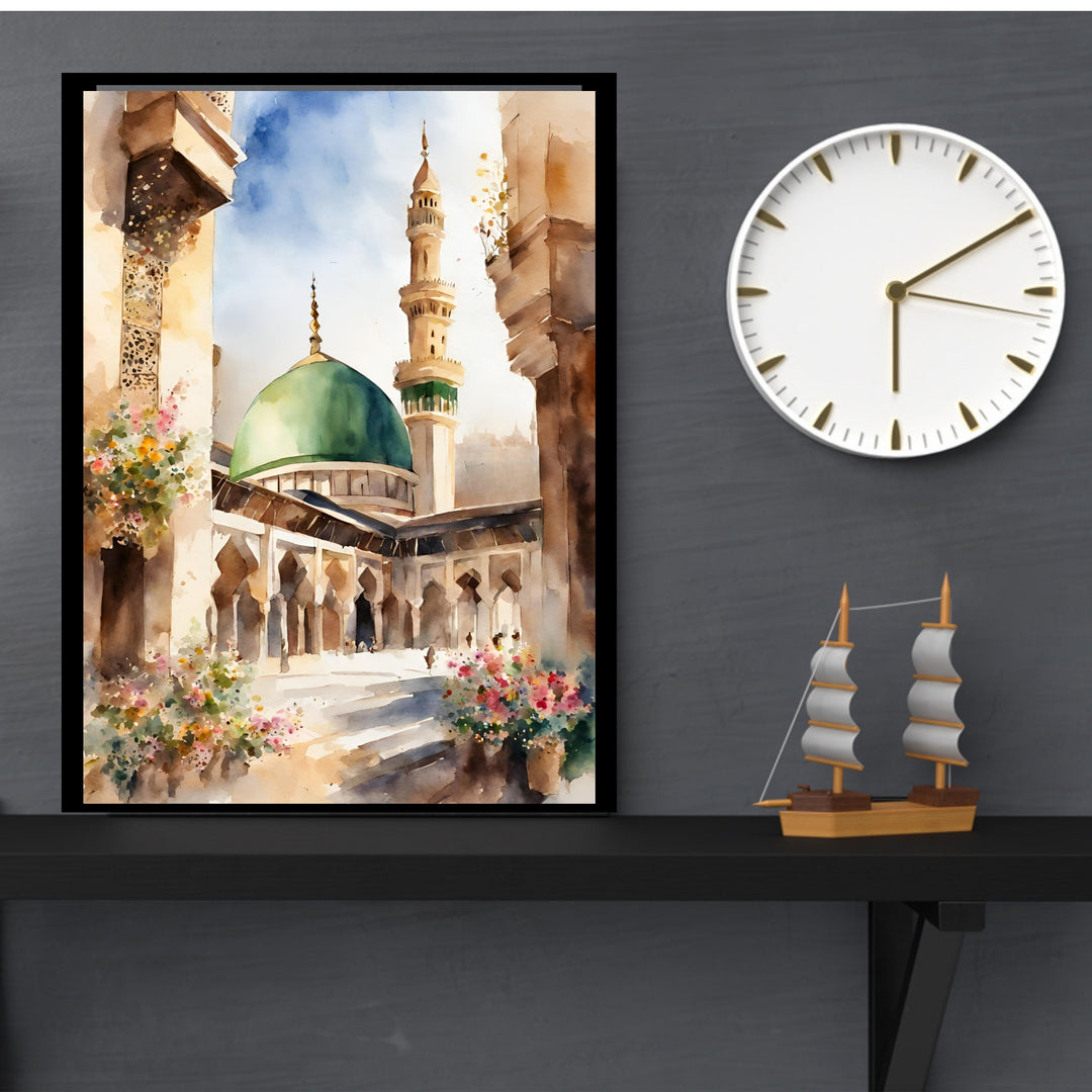 Boho Masjid Nabawi watercolor wall art with soft blues and gold accents