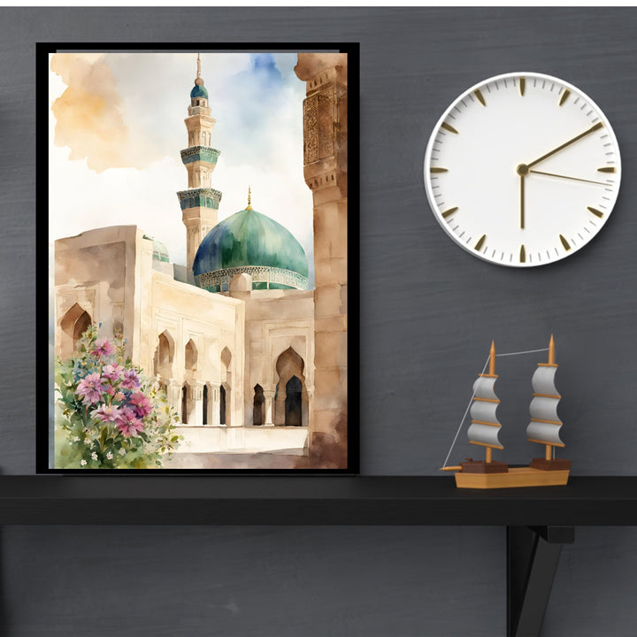 Close-up of watercolor wash and mosque silhouette in Masjid Nabawi art