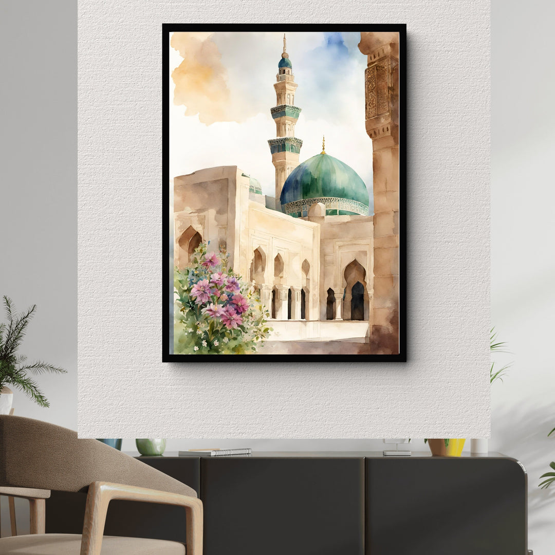 Boho Islamic wall art displayed in a warm living room setting