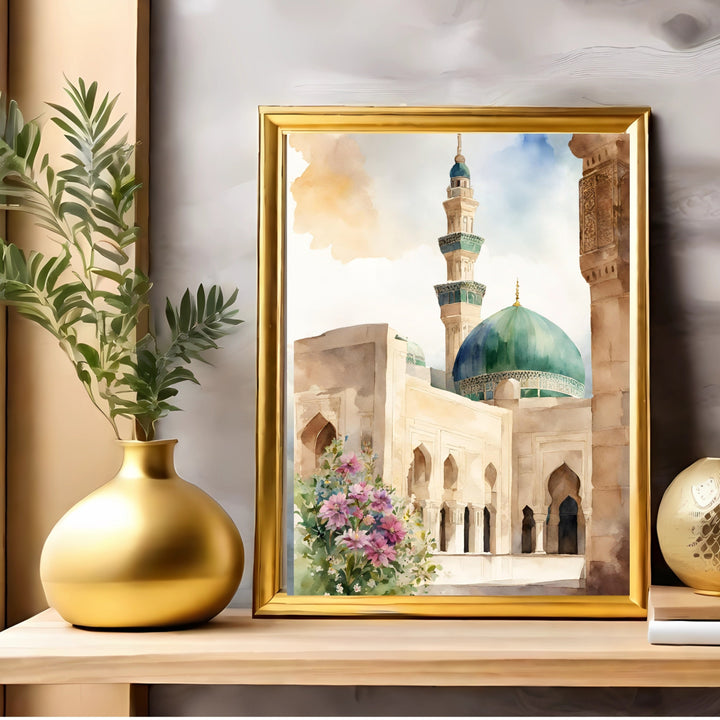 Archival paper print of Masjid Nabawi watercolor with rich details